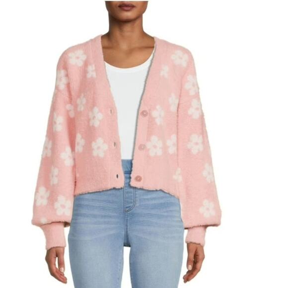 No Boundaries Sweaters - Pink and Daisy Fuzzy Cropped Cardigan. Size Large.